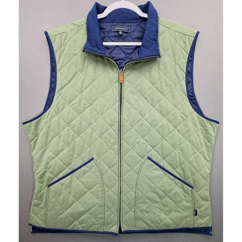 Crown & Ivy Diamond Quilted Barn Puffer Vest Green Navy Full Zip | Men's XL
